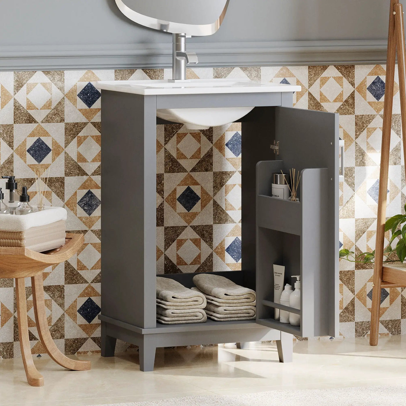 Modern Small Bathroom Vanity Cabinet With Ceramic Basin, Ample Storage, 1 Soft Close Door by Unique Piece Furniture