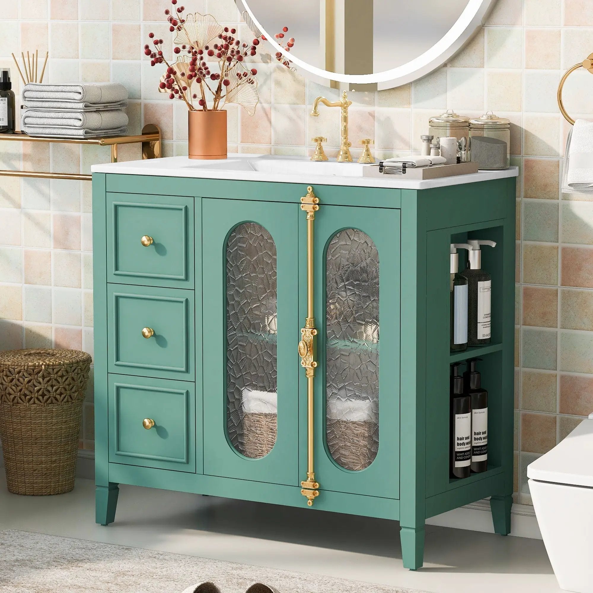 Bathroom Vanity with 3 Drawers and 2 Soft-Close Doors Cabinet - Lake Green by HouseOfZazla
