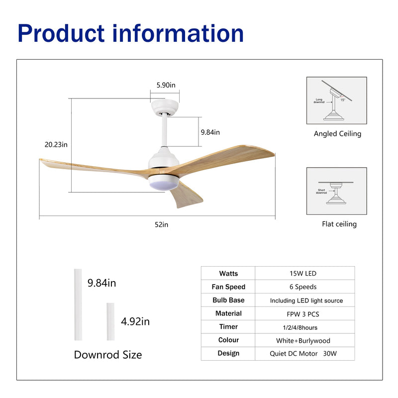 52" Solid Wood Blades Ceiling Fan with Lights and Remote Control by HouseOfZazla