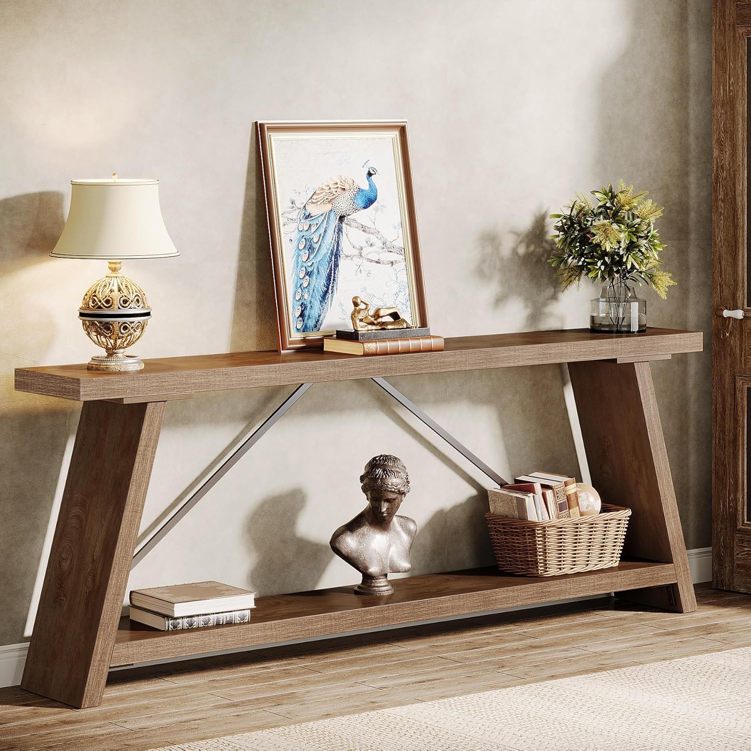 Console Table Extra Long Sofa Table With 2 Tier Shelves For Living Room by HouseOfZazla