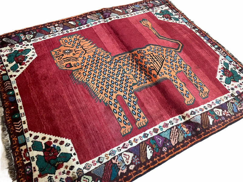 Antique Persian Gabbeh Wool Rug 4x5, Lion Pictorial Rug, Red Orange Black, Hand Knotted Handmade Vintage Gabbeh Carpet 4 x 5 ft, Tribal Rug by Jewel Rugs