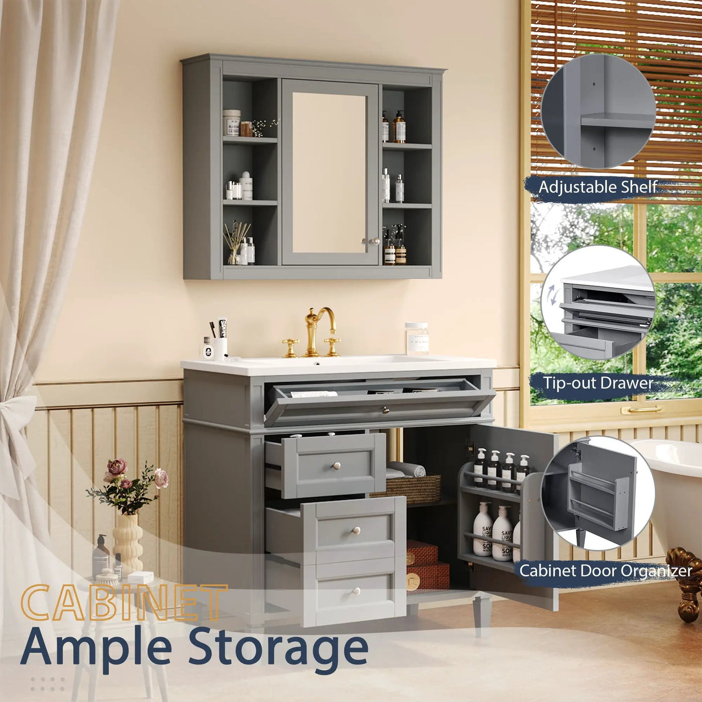 Bathroom Vanity With Mirror Cabinet, Single Sink With 2 Soft Closing Doors And 4 Drawers by Unique Piece Furniture