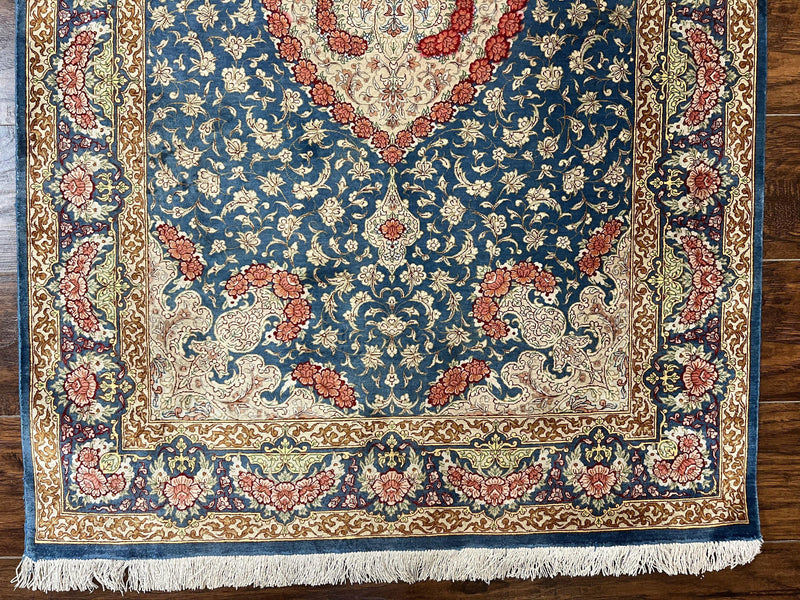 Magnificent Persian Qum Silk Rug 3x5, Blue, Super Fine 675 KPSI - 70 Raj, Floral Roses, Handmade Vintage Silk Carpet, Masterpiece by Jewel Rugs