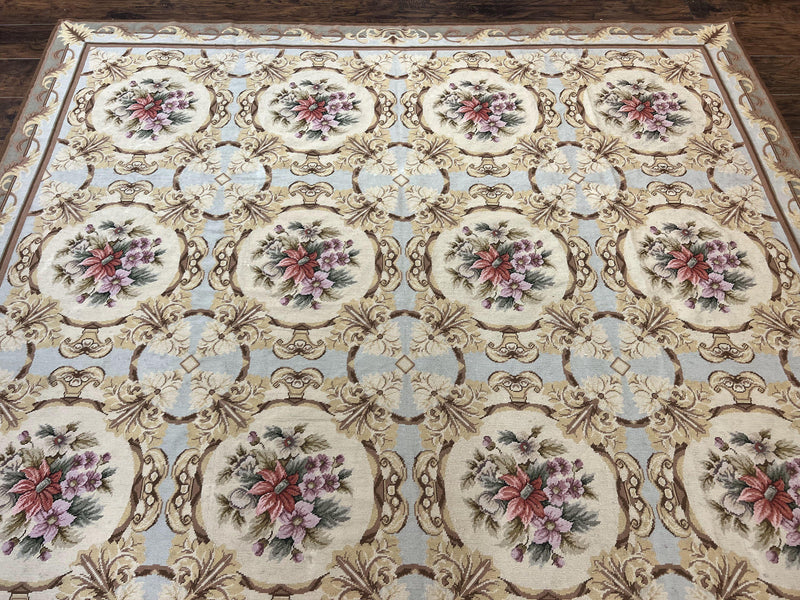 Chinese Needlepoint Rug 8x11, Handmade Wool Needlepoint Carpet, Vintage, Sky Blue by Jewel Rugs