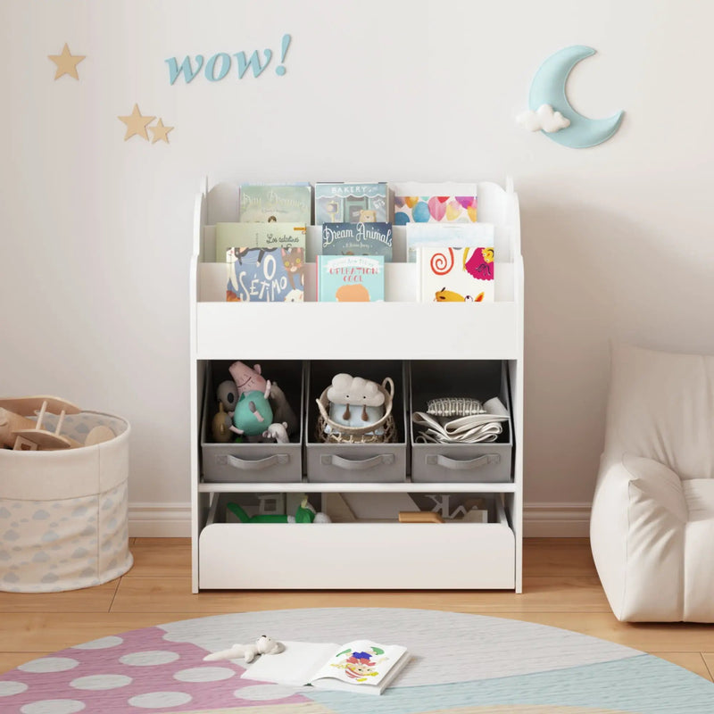 Bookshelf With Storage Bins And Drawer, Multi Functional Book Organizer For Toddlers - White by Unique Piece Furniture