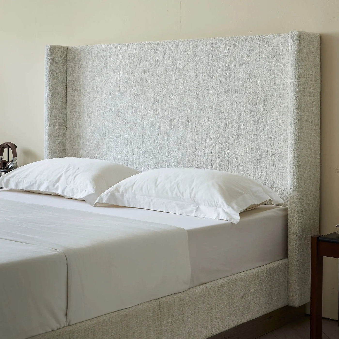 Hosford - Minimalist Upholstered Wingback Bed With Wood Base Platform by HouseOfZazla