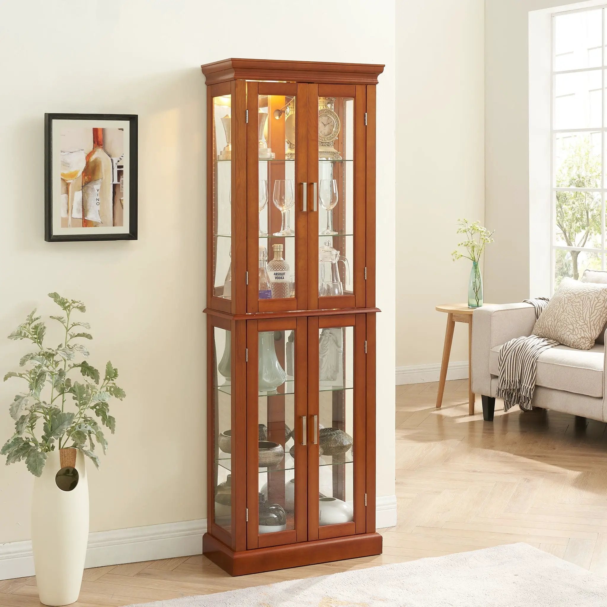 Curio Cabinet Lighted Curio Diapaly Cabinet With Adjustable Shelves And Mirrored Back Panel, Tempered Glass Doors (6 Tier), (E26 Light Bulb Not Included) by Unique Piece Furniture