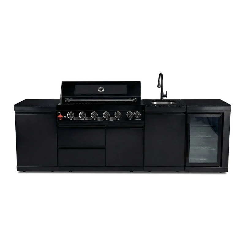 102" 6-Burner 85,000 BTU Black Outdoor Kitchen Island Grill + Refrigerator + Marble Countertops + Sink by Chery Industrial