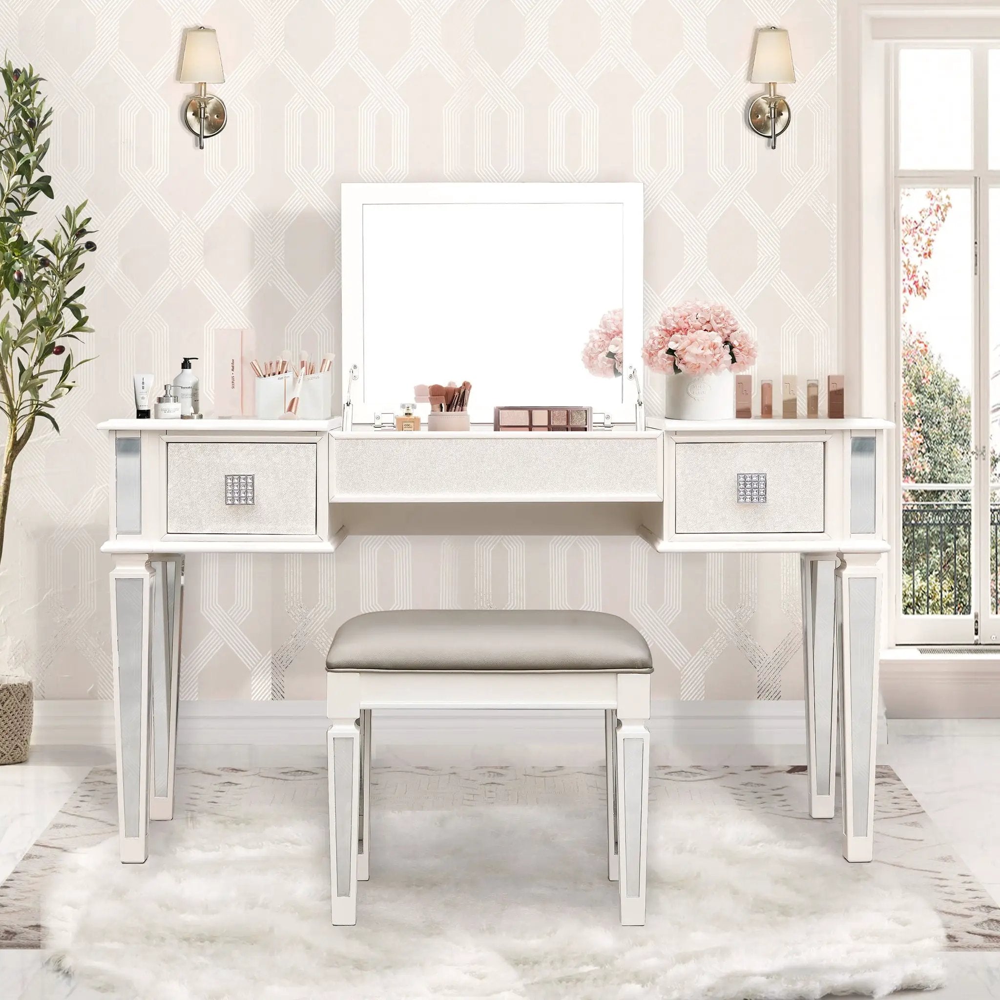 Mirrored Vanity Desk With Drawers And Stool, Flip Up Dressing Table Set For Makeup Room by HouseOfZazla