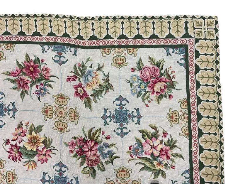 Hand-Knotted Needlepoint Carpet 6x9, Ivory/Cream Background, Colorful Flowers, Yellow Border, Aubusson Rug 6 x 9, New, Handmade by Jewel Rugs