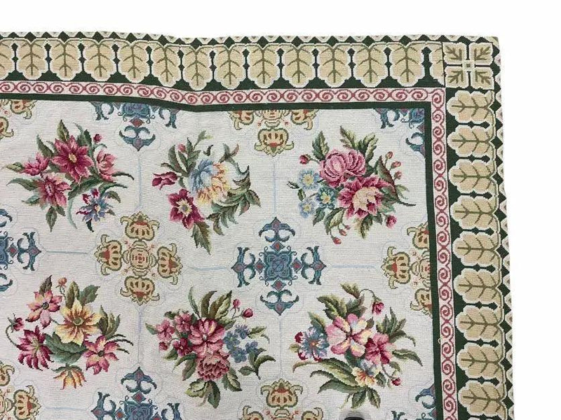 Hand-Knotted Needlepoint Carpet 6x9, Ivory/Cream Background, Colorful Flowers, Yellow Border, Aubusson Rug 6 x 9, New, Handmade by Jewel Rugs