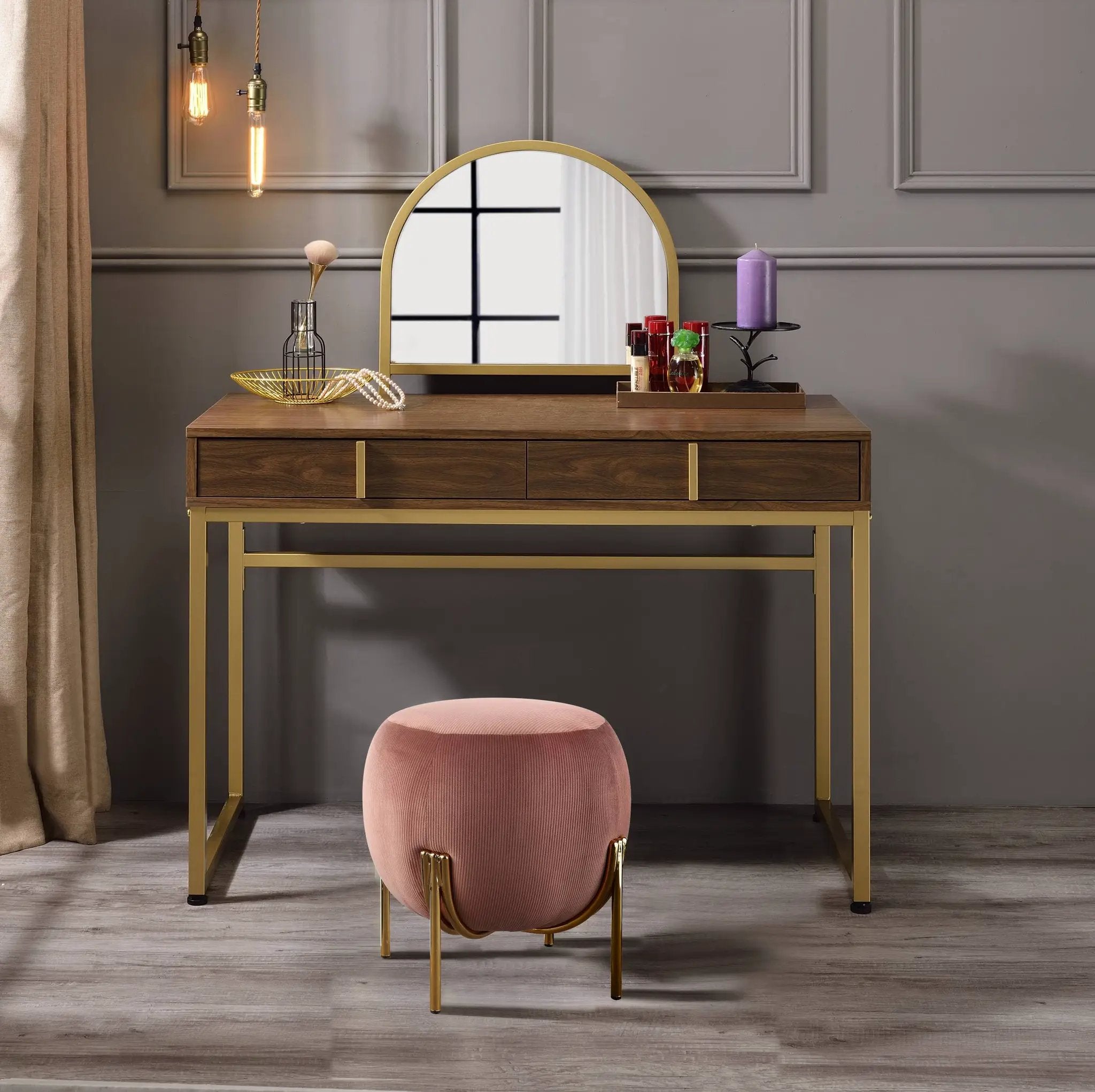 Coleen Walnut & Gold Finish Vanity Desk with Mirror & Jewelry Tray by HouseOfZazla