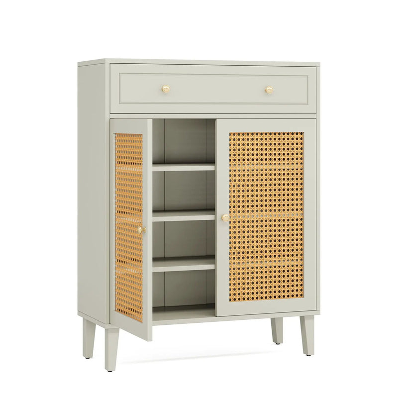 Shoe Cabinet With Rattan Doors And Drawer, 4 Tier Storage Organizer - Mint Green by HouseOfZazla