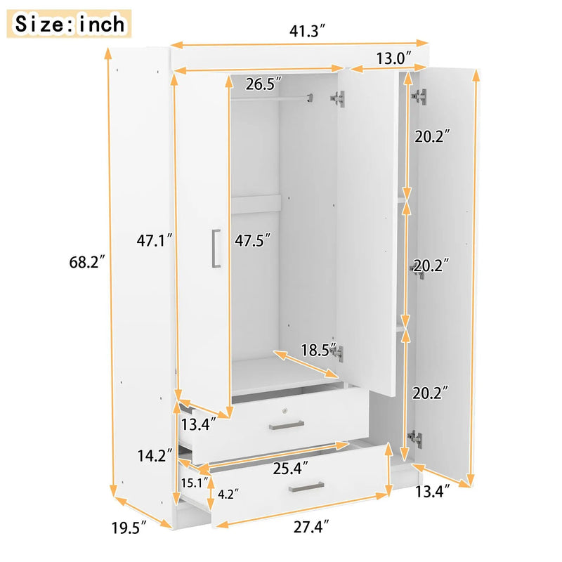 3-Door Mirror Wardrobe with Shelves, White by HouseOfZazla