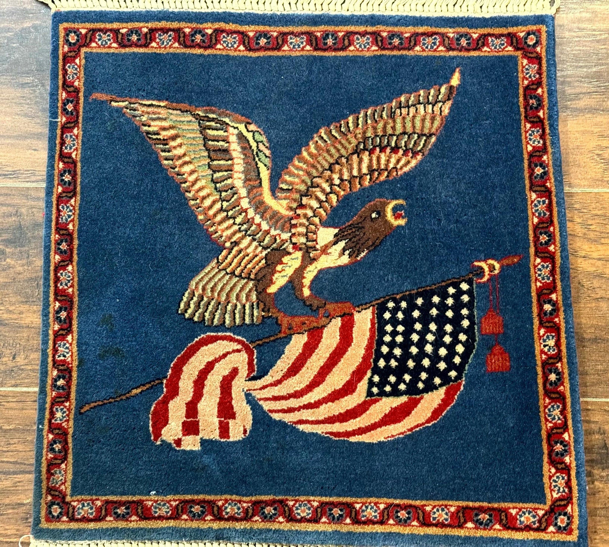 Pictorial Rug of American Flag with Bald Eagle, Small Indo Persian Pictorial Rug, Blue, Handmade, Very Fine 330 KPSI by Jewel Rugs