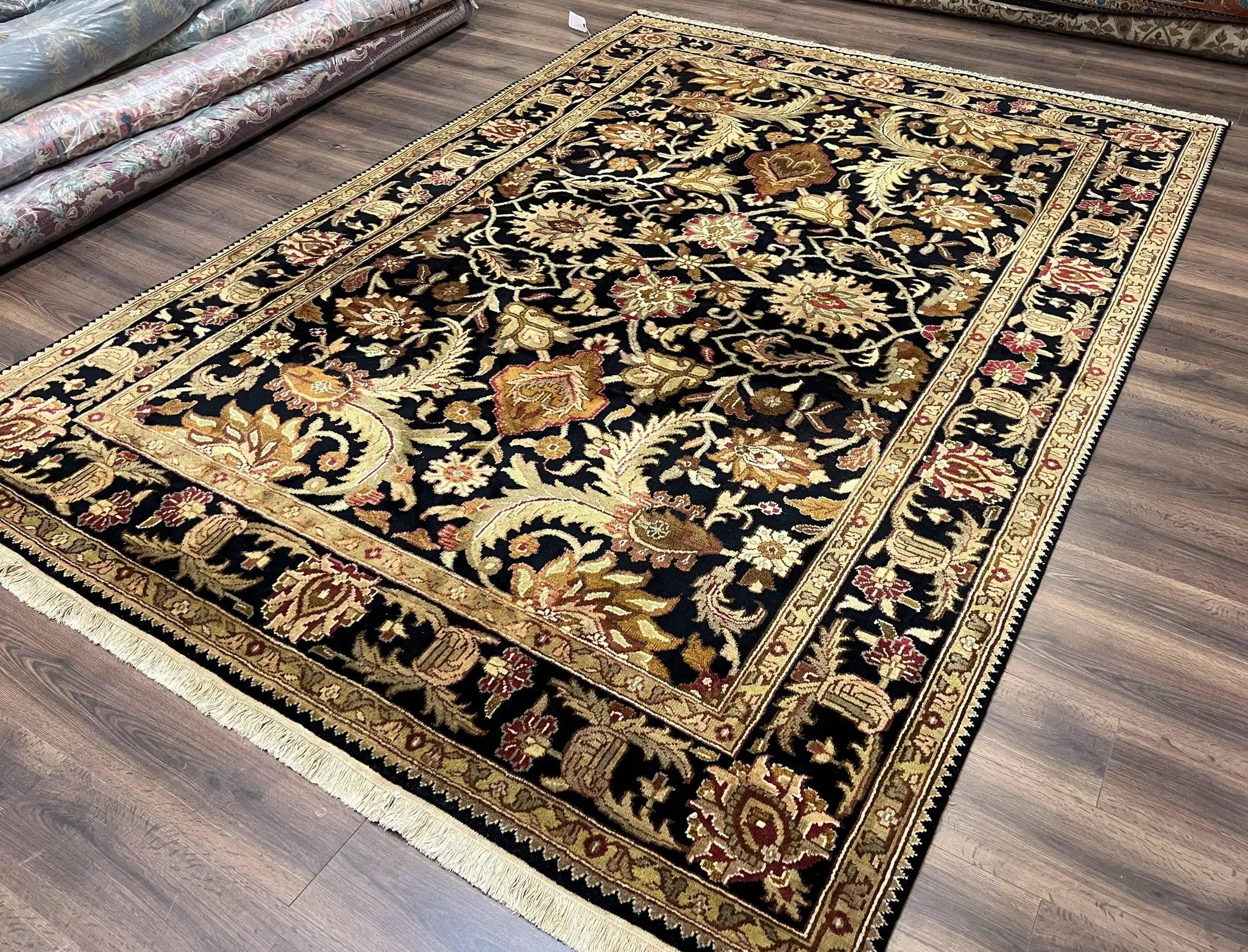 Indo Mahal Sultanabad Rug 8x11, Vintage Indian Oriental Carpet, Wool Handmade Floral Rug 8 x 11 ft, Black Beige Tan, Large Flowers Allover by Jewel Rugs