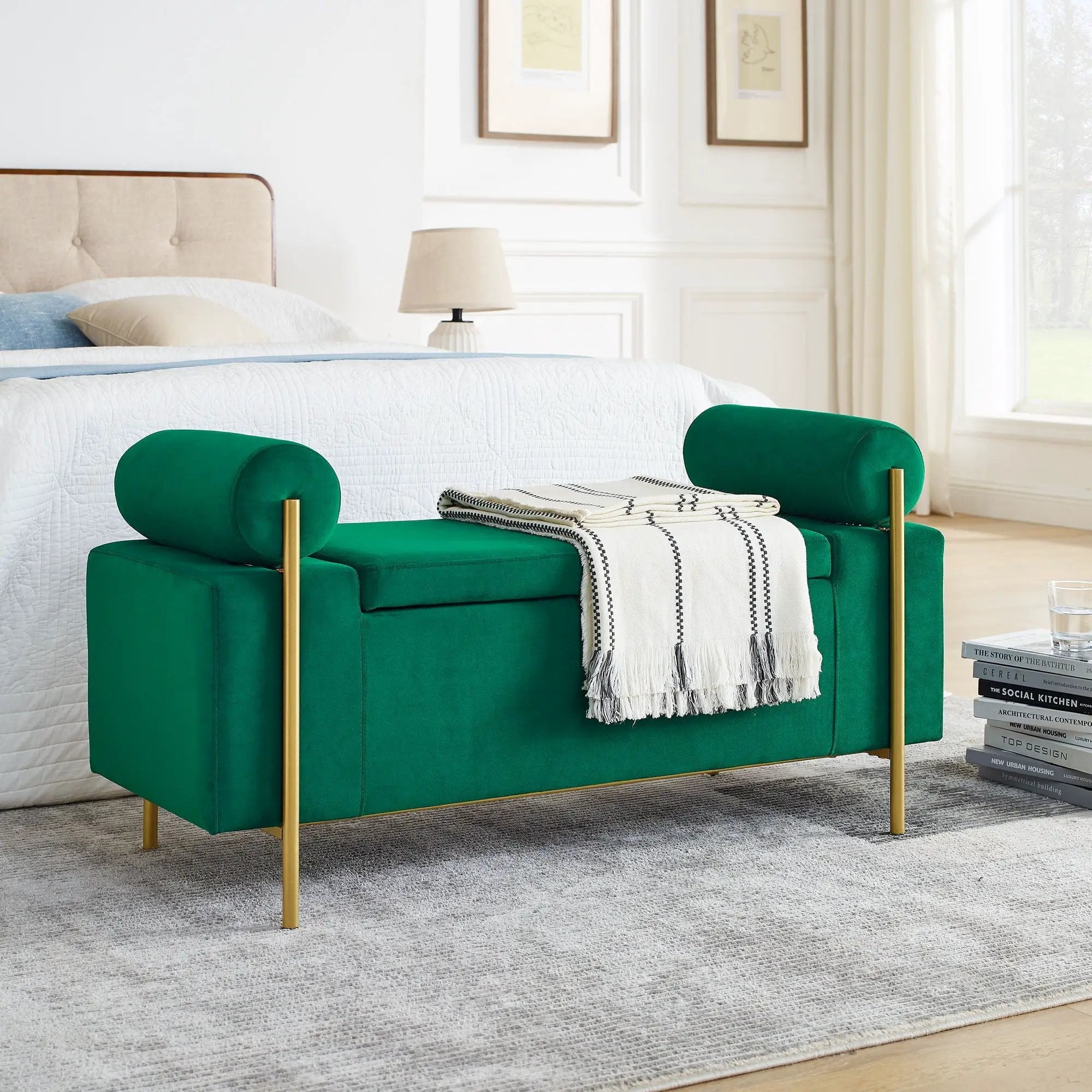 Elegant Upholstered Storage Bench With Cylindrical Arms And Iron Legs, by Unique Piece Furniture