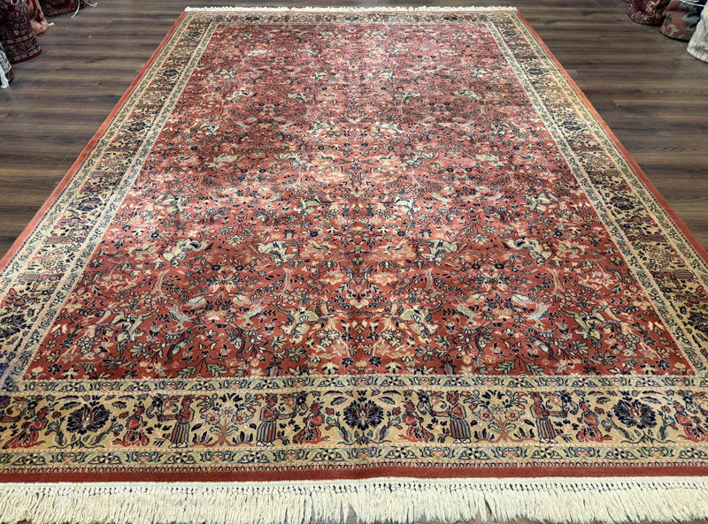 Persian Area Rug 8 x 11.6, Wool, Royal Hunting Scene, Vintage Couristan Rug, Red, Allover Pattern, Belgium Power Loomed by Jewel Rugs