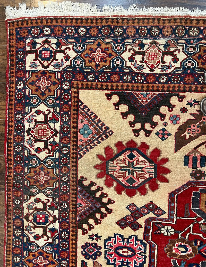 Antique Persian Heriz Rug 8x12 ft, Geometric Tribal Room Sized Carpet, Camel Hair Red Navy Blue, Wool Hand Knotted Medallion Oriental Carpet by Jewel Rugs