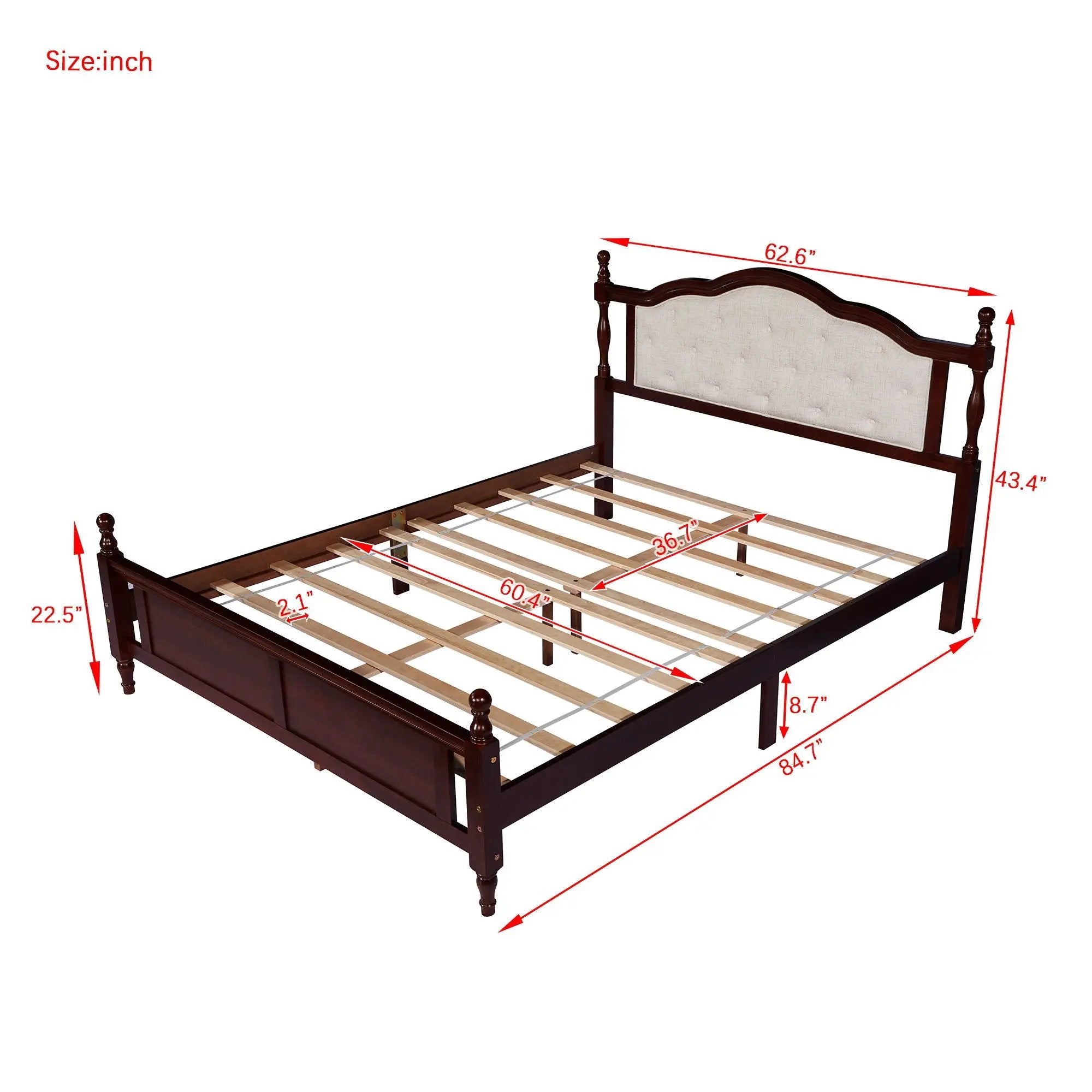 Pine Wooden Bed With Upholstered Headboard And Panel Footboard, With Two Bed Rail Support Feet And Central Platform Support Feet by HouseOfZazla