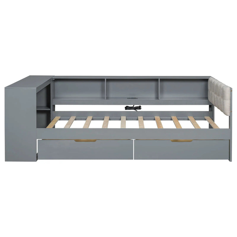 Upholstered Headboard Platform Bed With Storage Shelves, Drawers, Charging Station