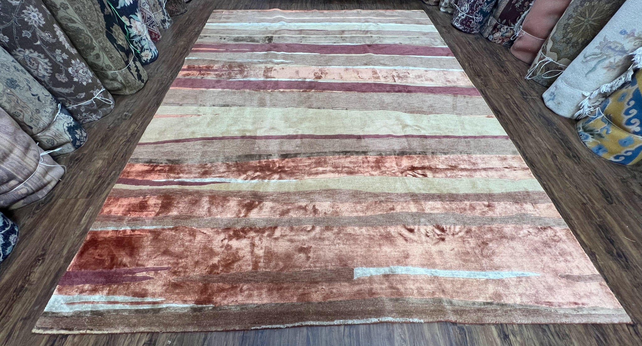 Modern Tibetan Rug 8x11 Nepali Carpet, Shiny Velvely Soft Wool and Silk, Contemporary Hand Knotted Rug, Striped Design, Wool Area Rug 8 x 11 by Jewel Rugs
