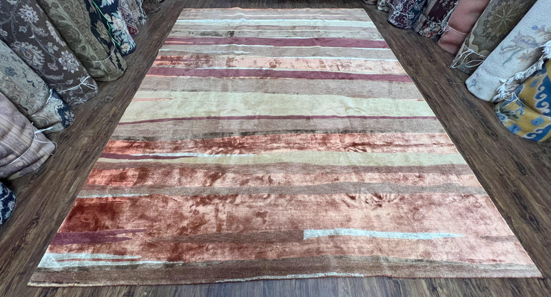 Modern Tibetan Rug 8x11 Nepali Carpet, Shiny Velvely Soft Wool and Silk, Contemporary Hand Knotted Rug, Striped Design, Wool Area Rug 8 x 11 by Jewel Rugs