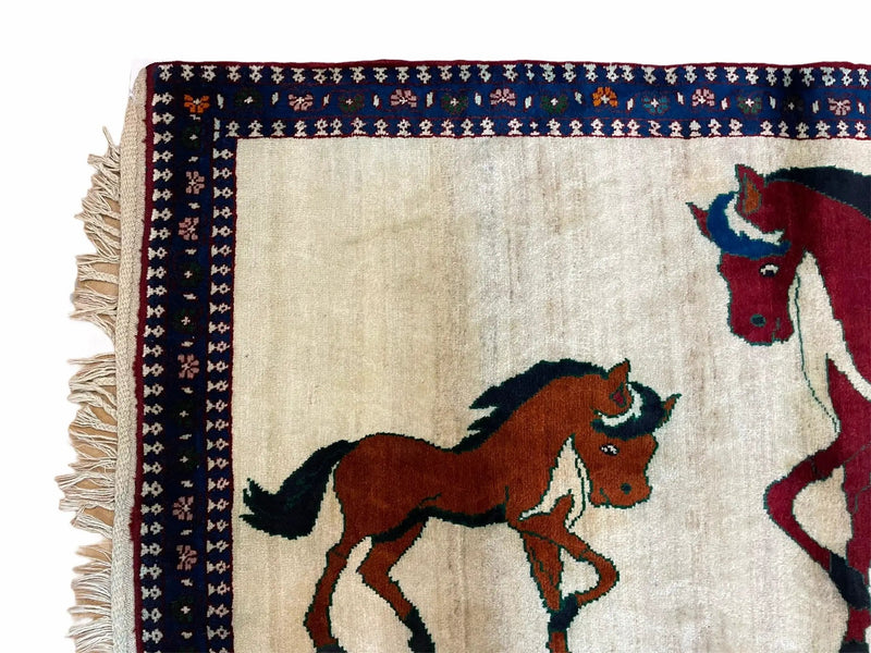 3.5 X 5 Handmade Hand-Knotted Quality Wool Pictorial Brown Horses Animal Rug by Jewel Rugs