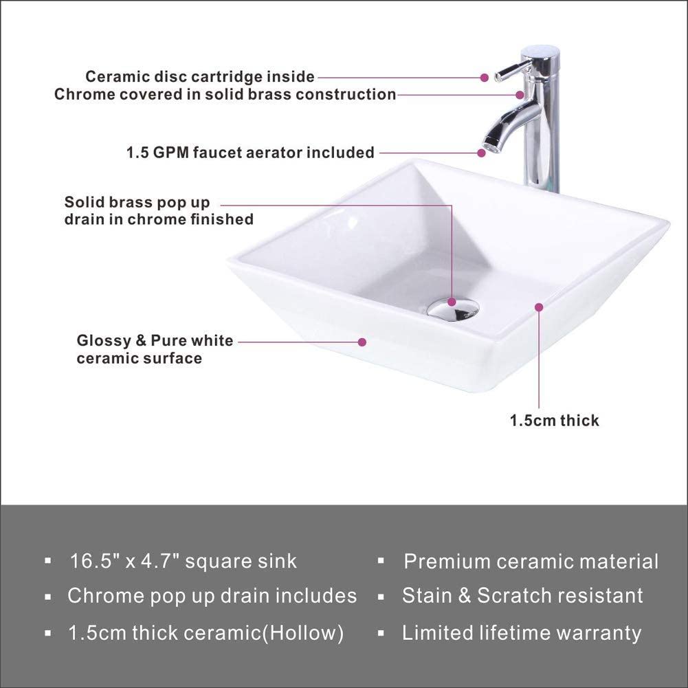 Square Bathroom Vessel Sink - White Porcelain Counter Bowl For Bathroom Vanity - White by HouseOfZazla