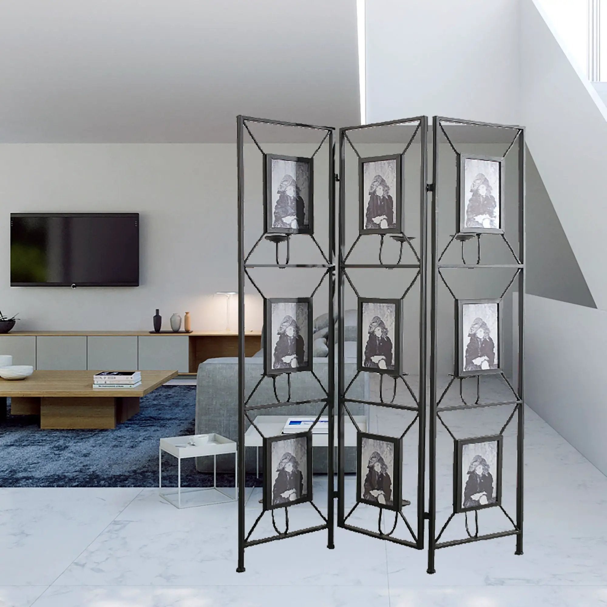 Room Photo Frames Screen Divider Screens, 3 Panel Decorative Screen With Photo Frames, Antique Mirror, Candle Stick - Black by Unique Piece Furniture