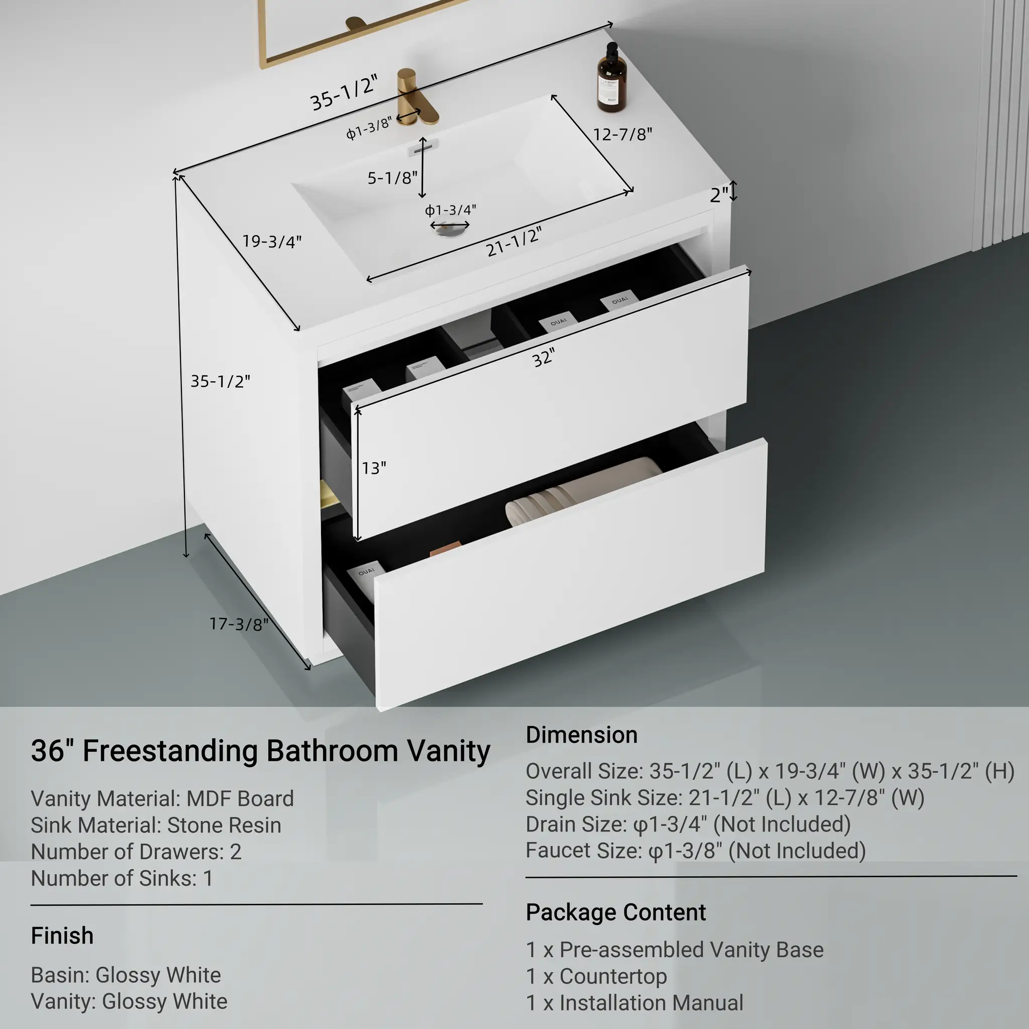 36" Freestanding Bathroom Vanity with Sink and Storage Cabinet by HouseOfZazla