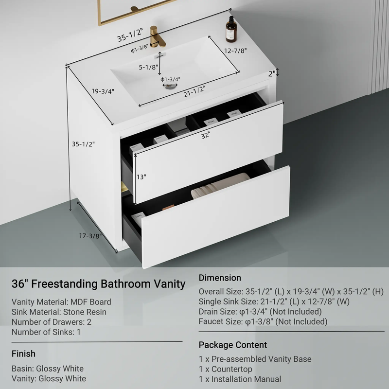 36" Freestanding Bathroom Vanity with Sink and Storage Cabinet by HouseOfZazla