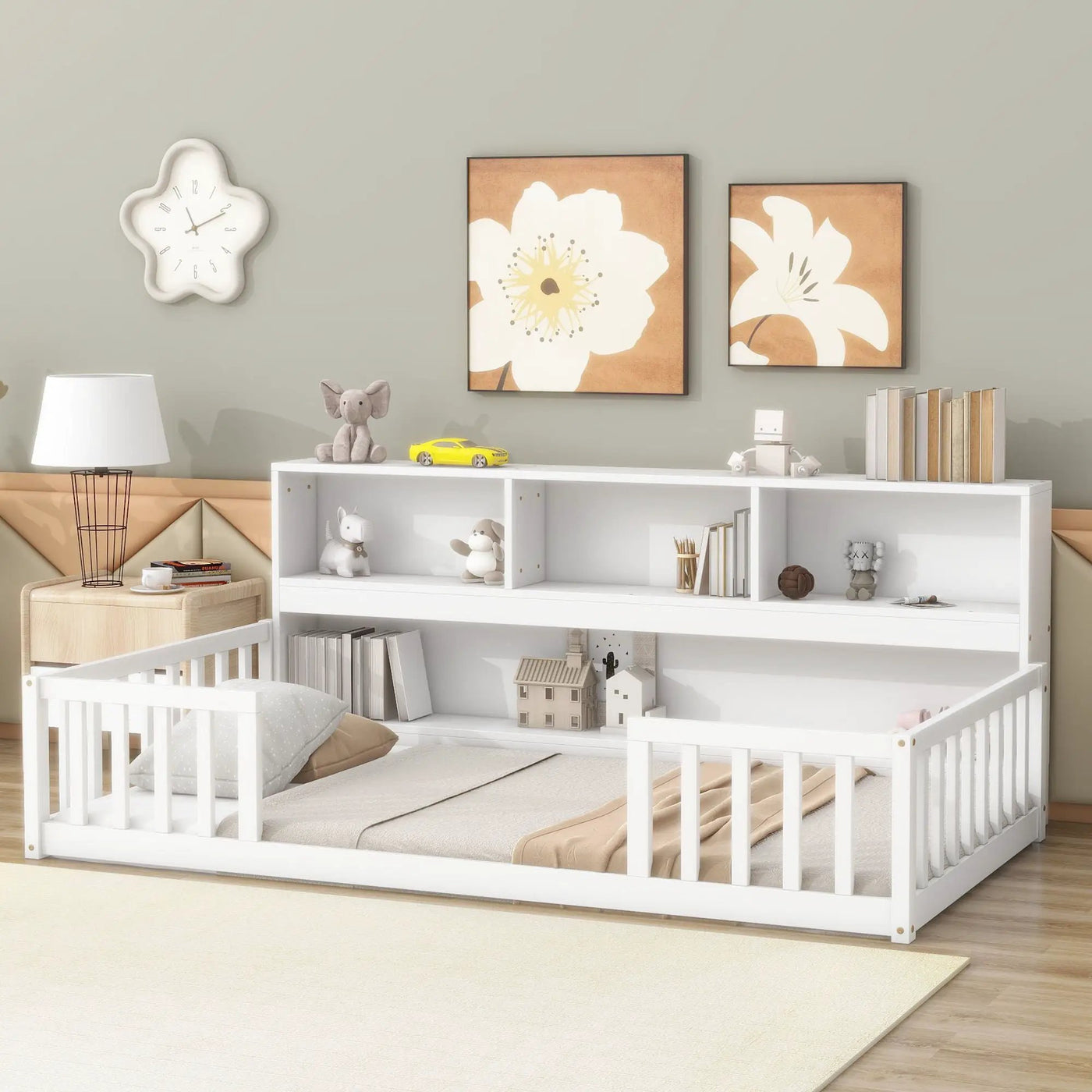 Floor Bed With Bedside Bookcase, Shelves, Guardrails by Unique Piece Furniture