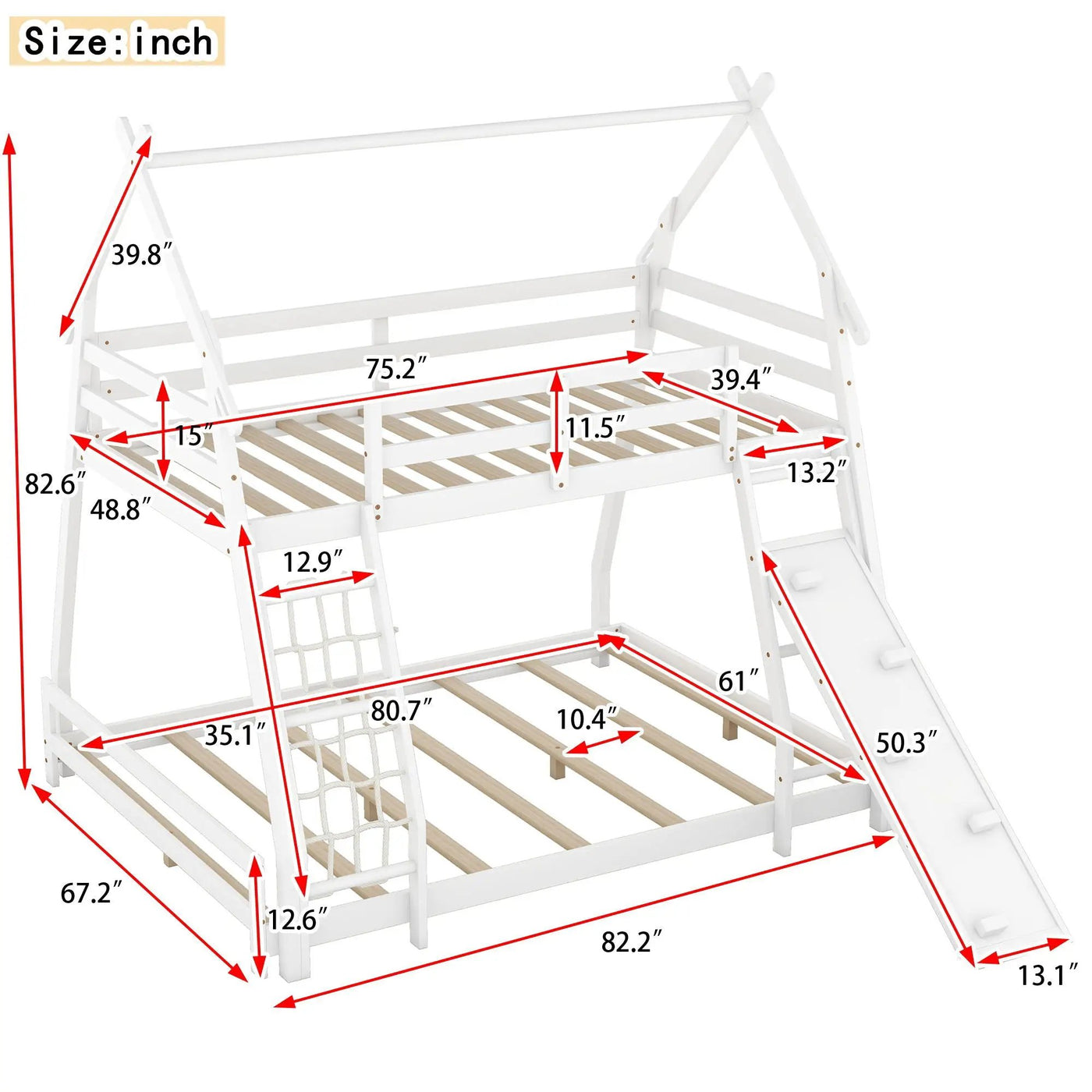 Georgiana - Twin Over Queen House Bunk Bed With Climbing Nets And Climbing Ramp by Unique Piece Furniture