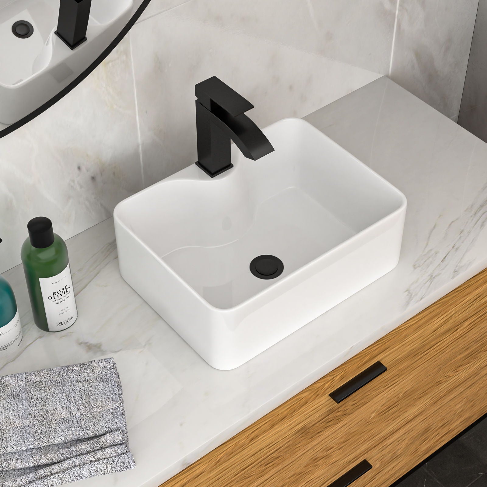 Rectangular Vessel Sink With Faucet & Drain - White / Black by HouseOfZazla