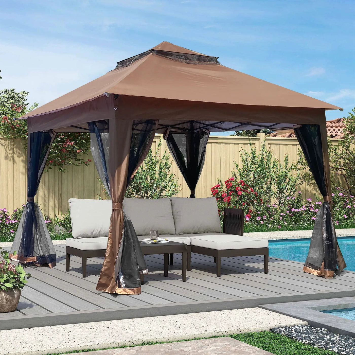 Outdoor Pop Up Gazebo Canopy With 2 Tier Soft Top And Removable Zipper Netting by Unique Piece Furniture