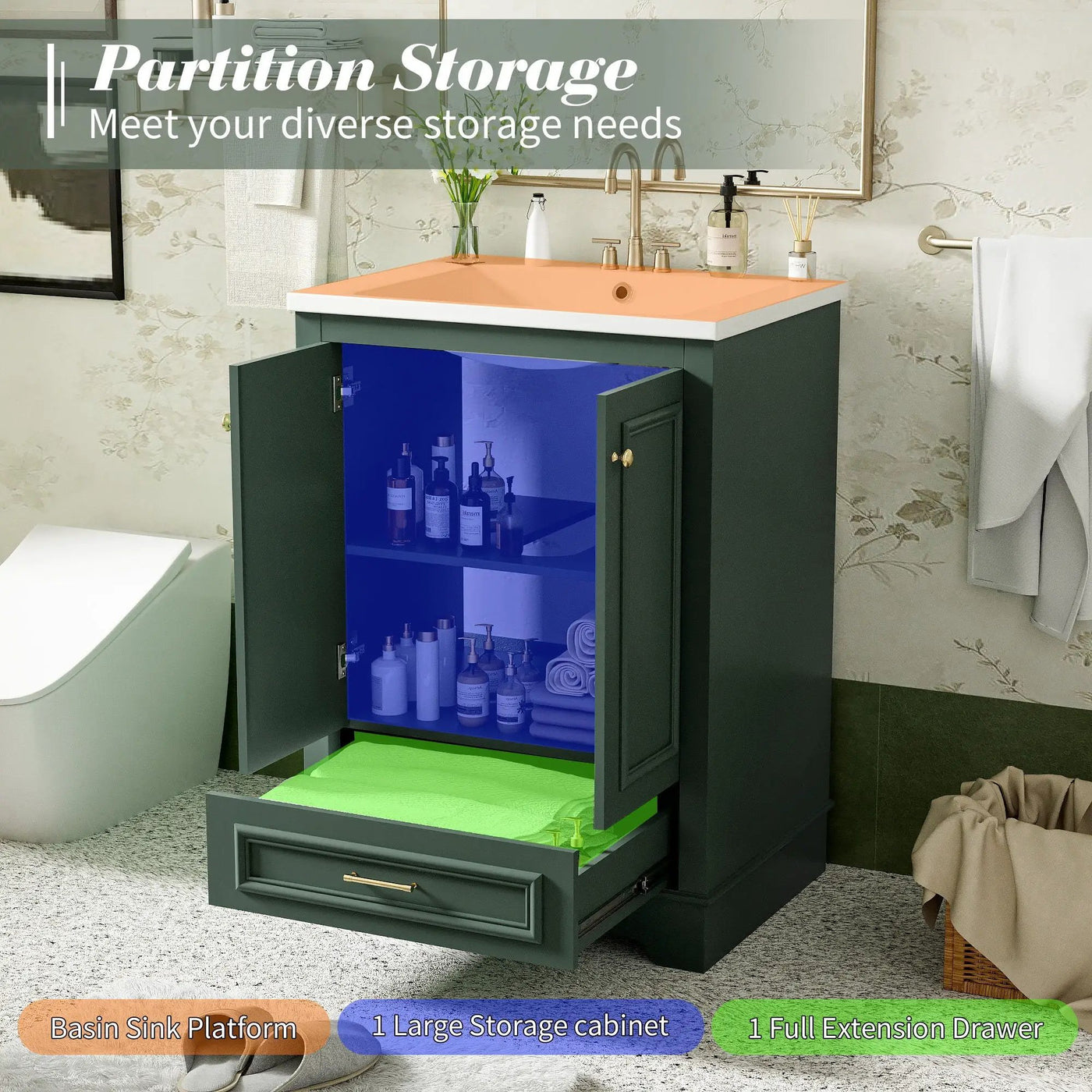 Bathroom Vanity With Ceramic Sink Combo, Modern Freestanding Storage Cabinet With Silver Handles by Unique Piece Furniture