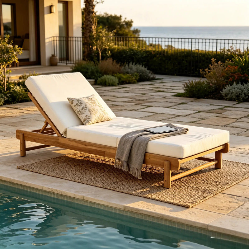 Light Teak Acacia Wood Chaise Lounge Set: 1 Frame + 1 3-Fold by HouseOfZazla