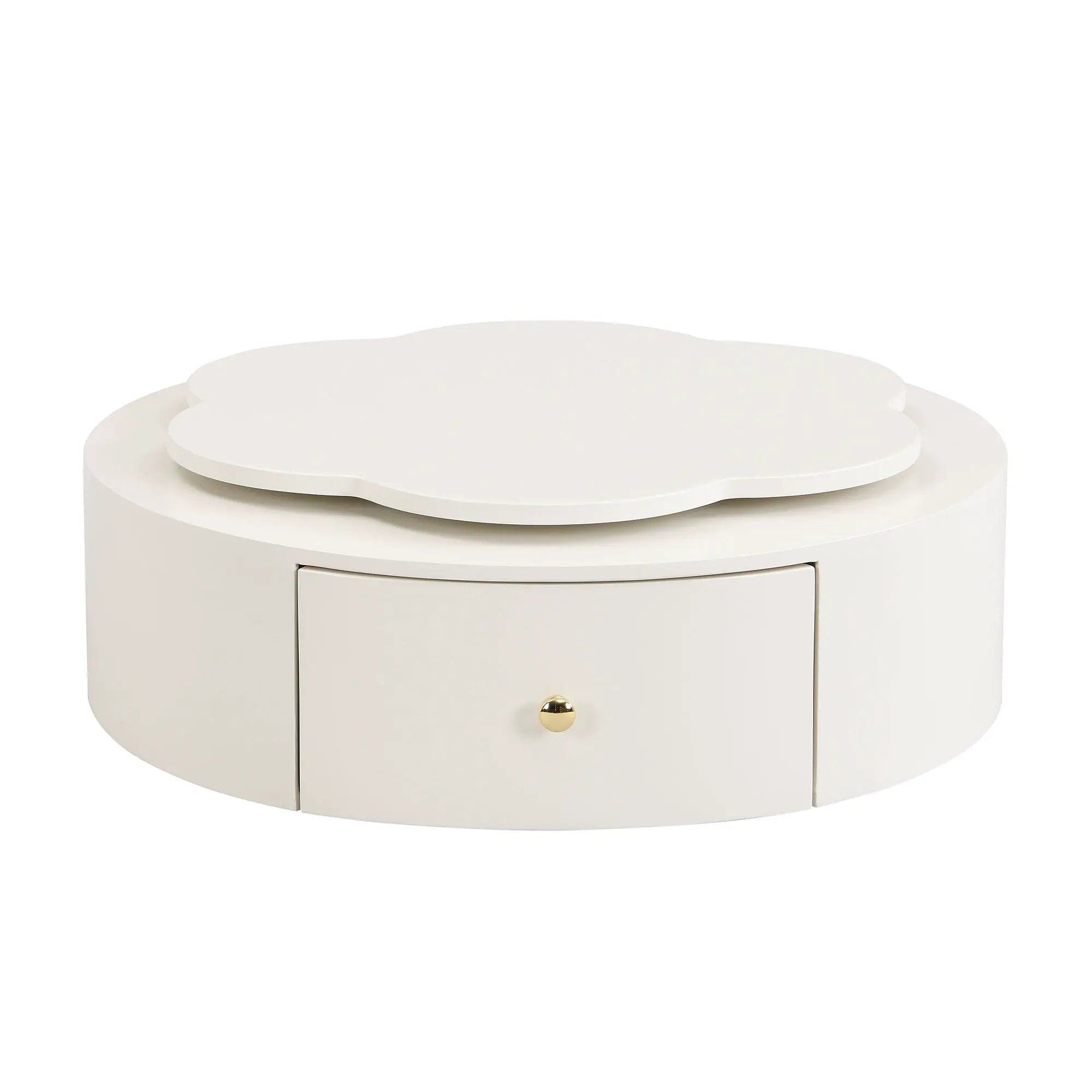 Modern Round Coffee Table (Set of 2), 360 Degree Rotatable Flower Shaped Top With 2 Drawers, Top Circle Side Table End Table With Glass For Living Room - Off White by HouseOfZazla