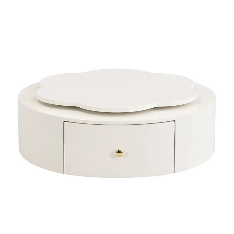 Modern Round Coffee Table (Set of 2), 360 Degree Rotatable Flower Shaped Top With 2 Drawers, Top Circle Side Table End Table With Glass For Living Room - Off White by HouseOfZazla
