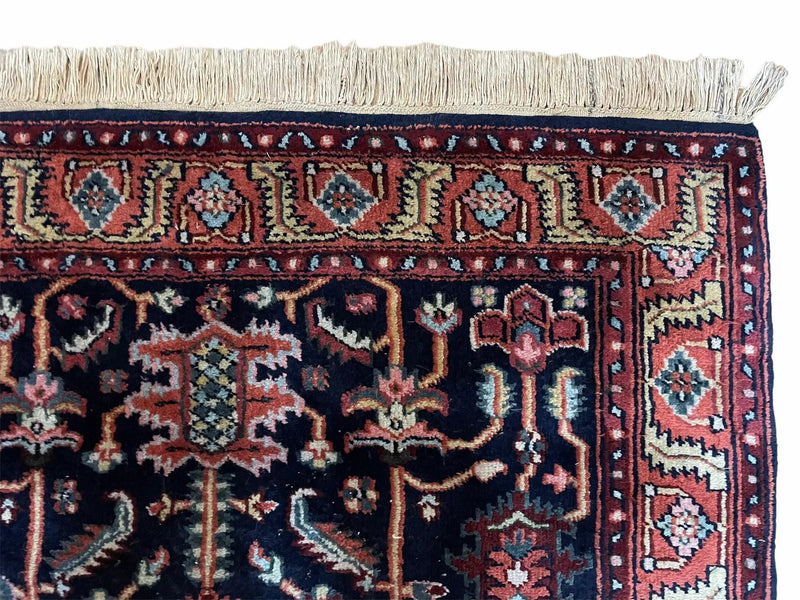 4x6 Vintage Handmade Wool Geometric Rug Organic Dyes Blue Red Hand-Knotted Rug by Jewel Rugs