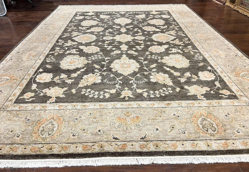 Indo Persian Rug 9x12, Sultanabad Indian Carpet, Dark Brown, Hand Knotted Vintage Wool Rug by Jewel Rugs
