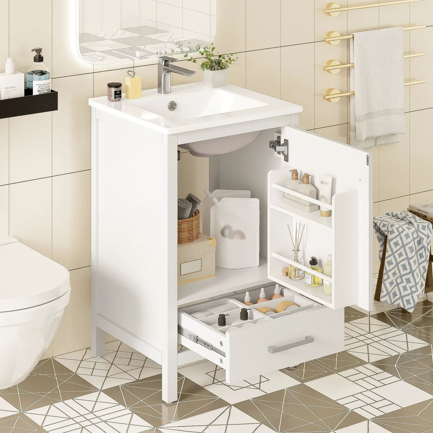 Bathroom Vanity With Ceramic Sink, Soft Close Drawers, Door Organizer, Divider Drawer, Adjustable Foot Pads by Unique Piece Furniture