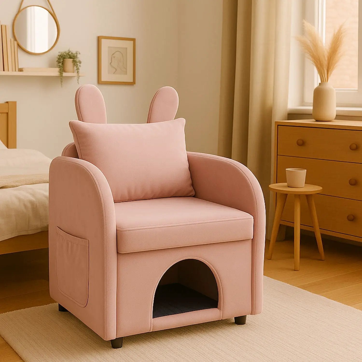Bunny Ear Pet Friendly Armchair With Hidden Pet House With Storage Pocket For Bedroom & Living Room - Pink by Unique Piece Furniture