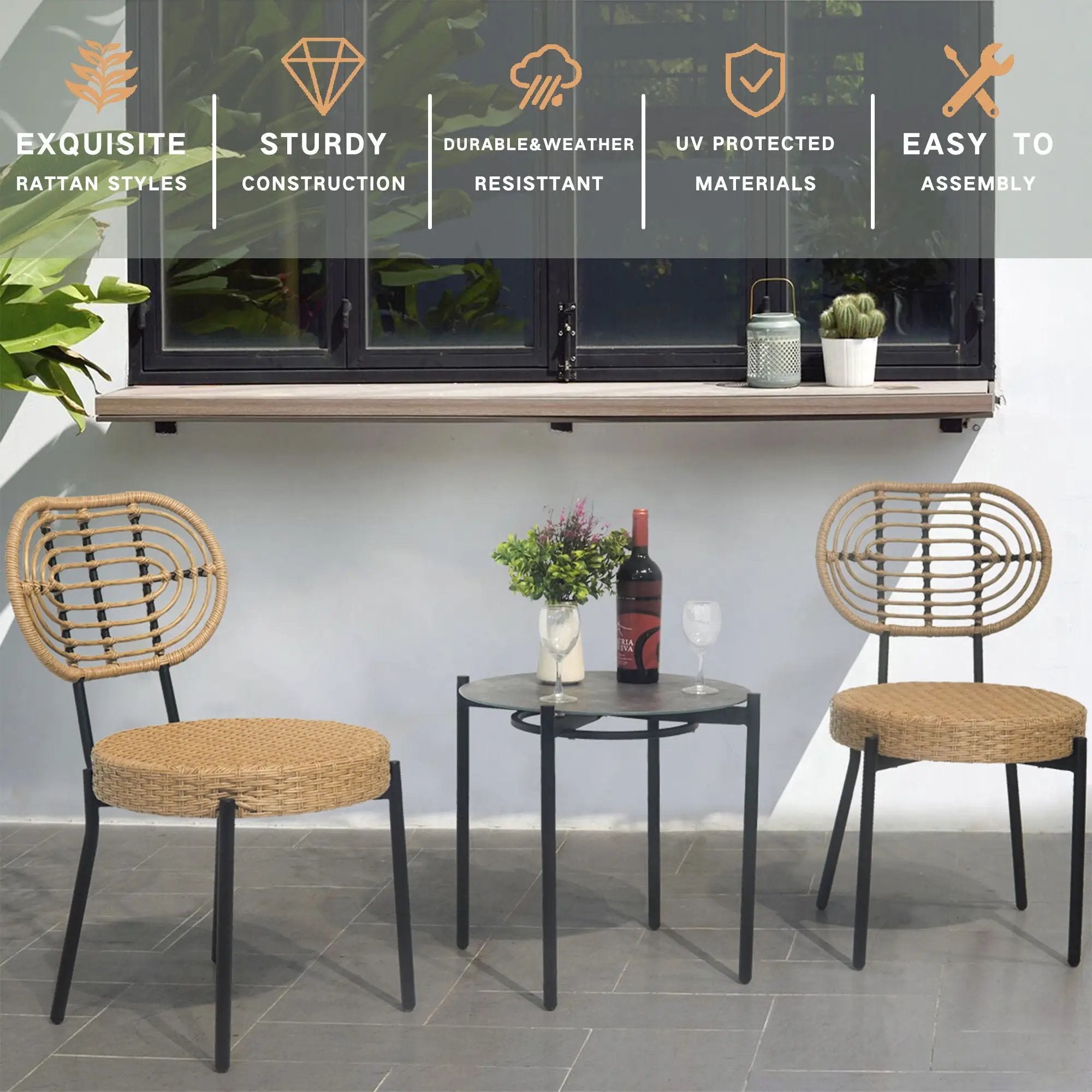 3 Pieces Of Luxury Outdoor Wicker Furniture Patio Bistro Style Table And Chair Combination, Weather Resistant PE Wicker Weave, Suitable For Garden - Black / Natural by HouseOfZazla