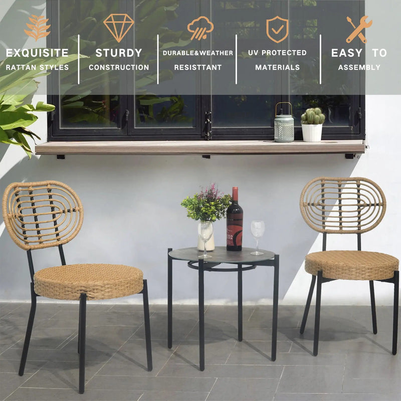 3 Pieces Of Luxury Outdoor Wicker Furniture Patio Bistro Style Table And Chair Combination, Weather Resistant PE Wicker Weave, Suitable For Garden - Black / Natural by HouseOfZazla