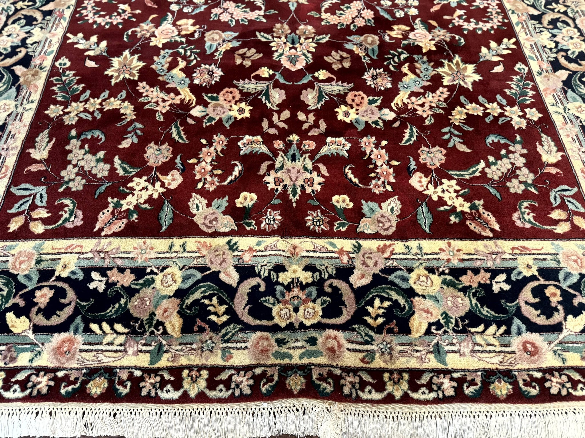 Indo Persian Rug 8x10, Floral Allover with Bird Pictorials, Maroon and Navy Blue, Handmade Wool Area Rug by Jewel Rugs