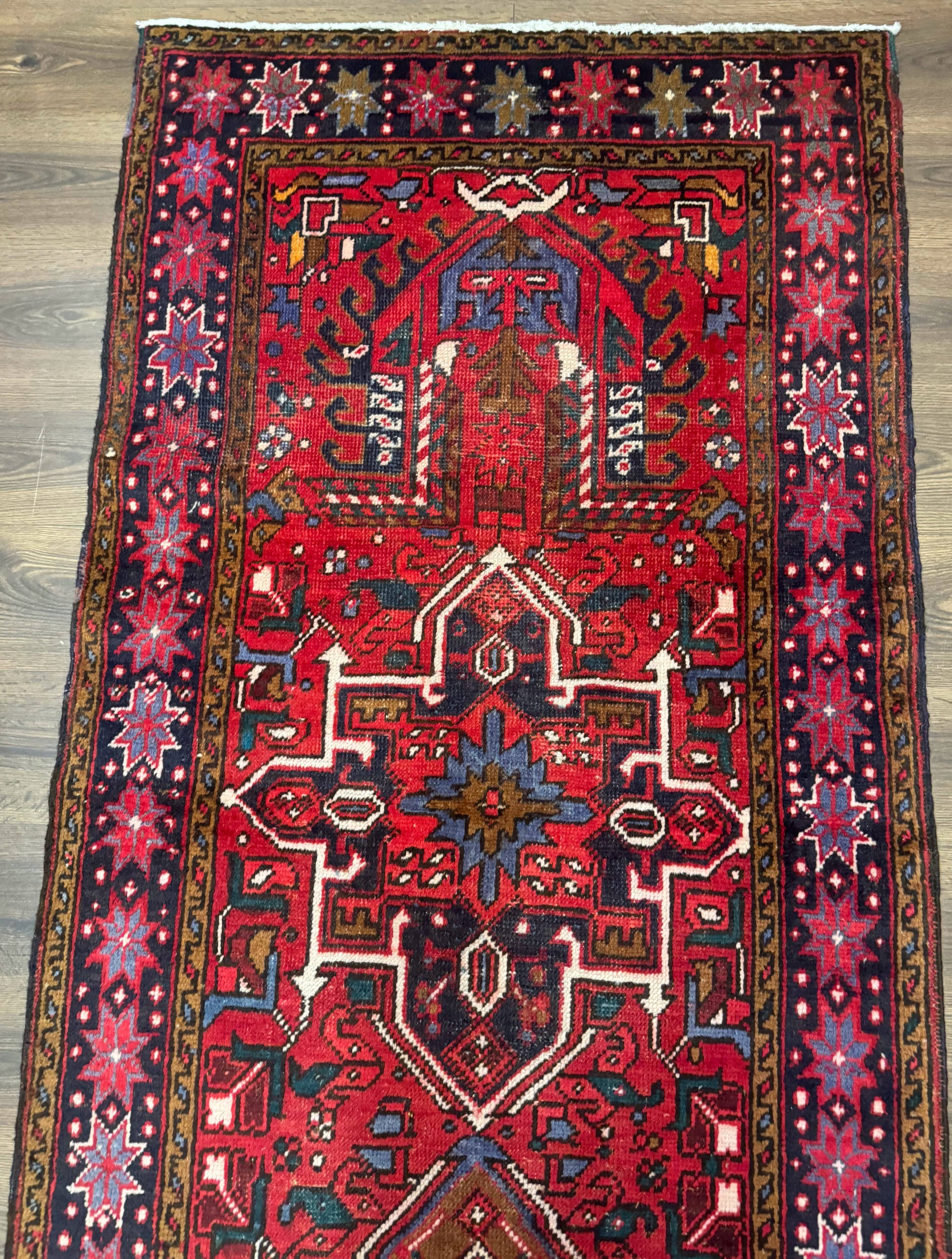 Persian Heriz Karajeh Runner Rug 3.7 x 12, Geometric Medallions, Red and Navy Blue by Jewel Rugs