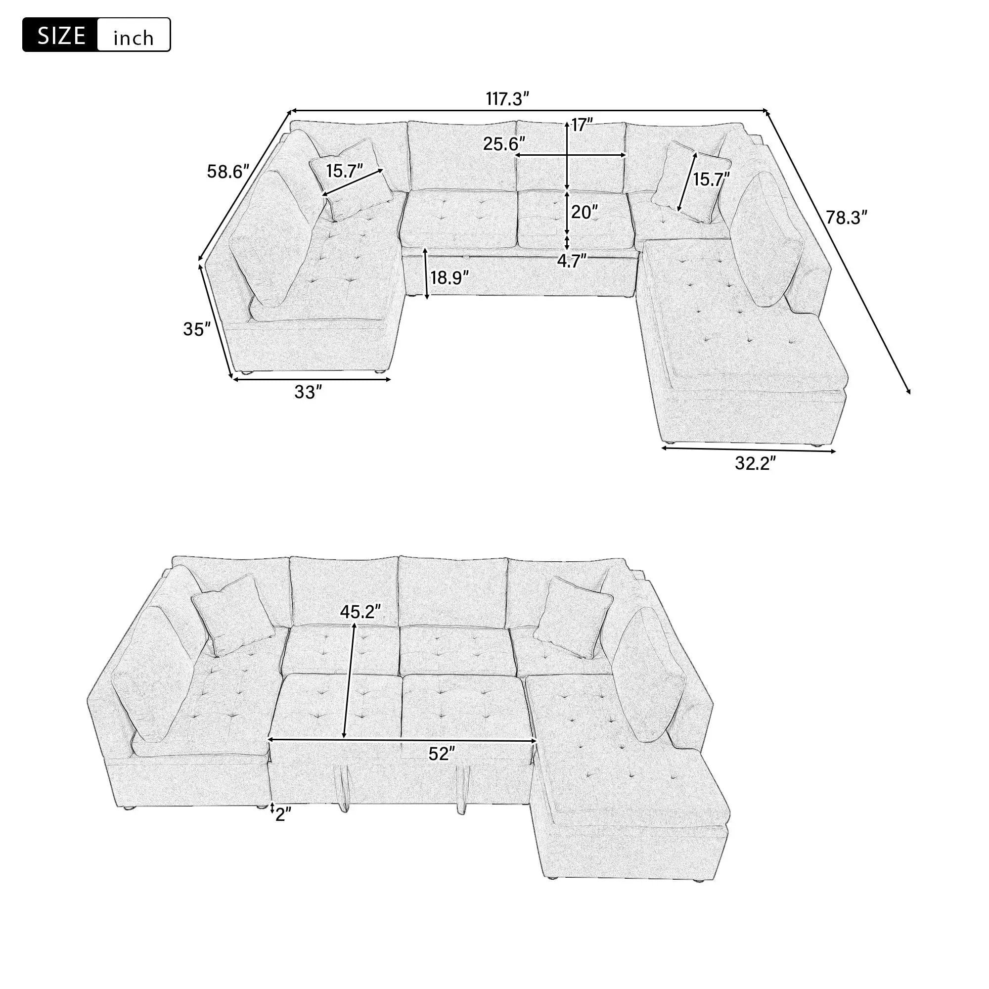 Oversized Sectional Sofa U-Shaped Sofa Couch Pull-Out Sofa Bed With Two Throw Pillows For Living Room by Unique Piece Furniture