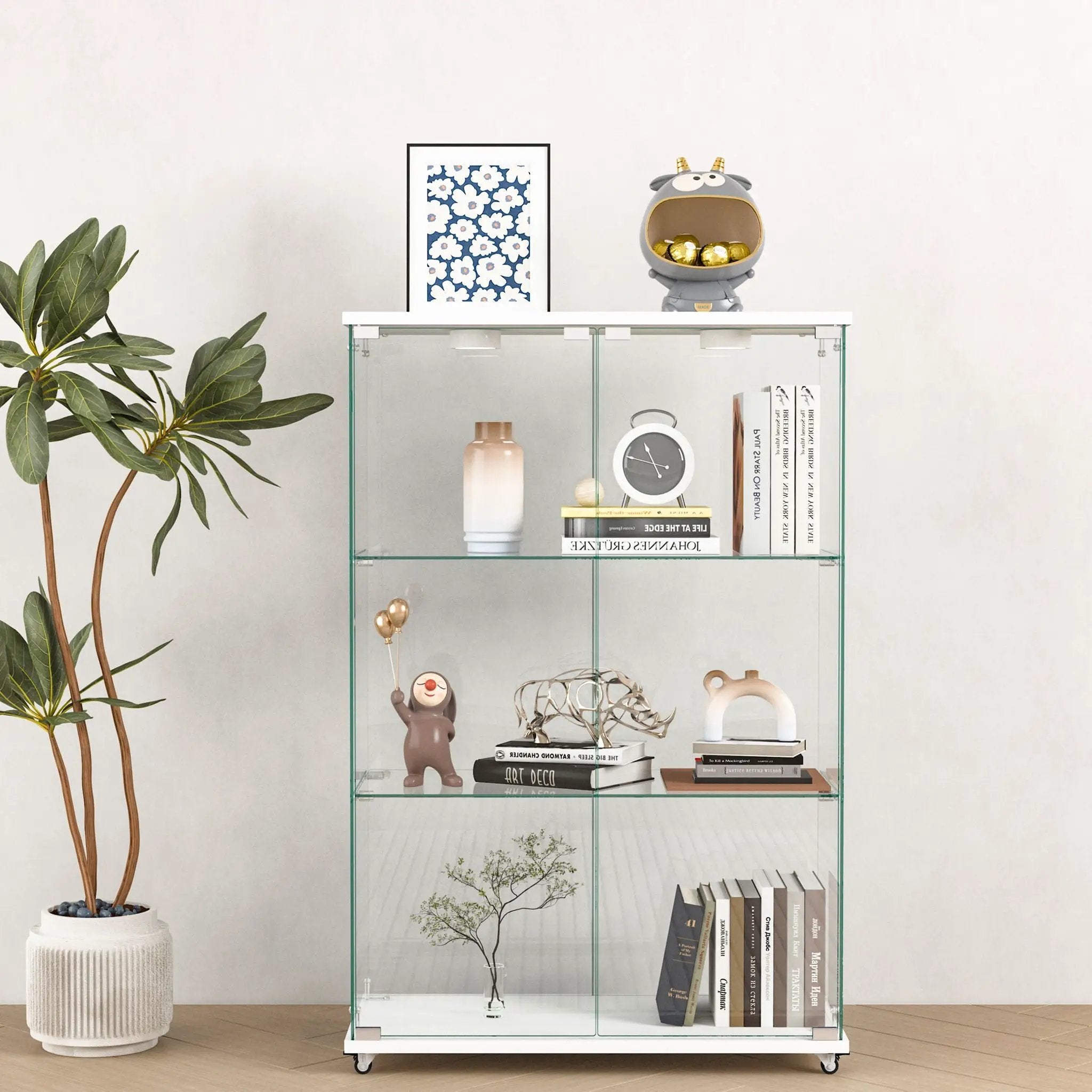 Modern Display Cabinet With LED Lights, Transparent Tempered Glass 2 Door Storage Case With 3 Shelves by HouseOfZazla